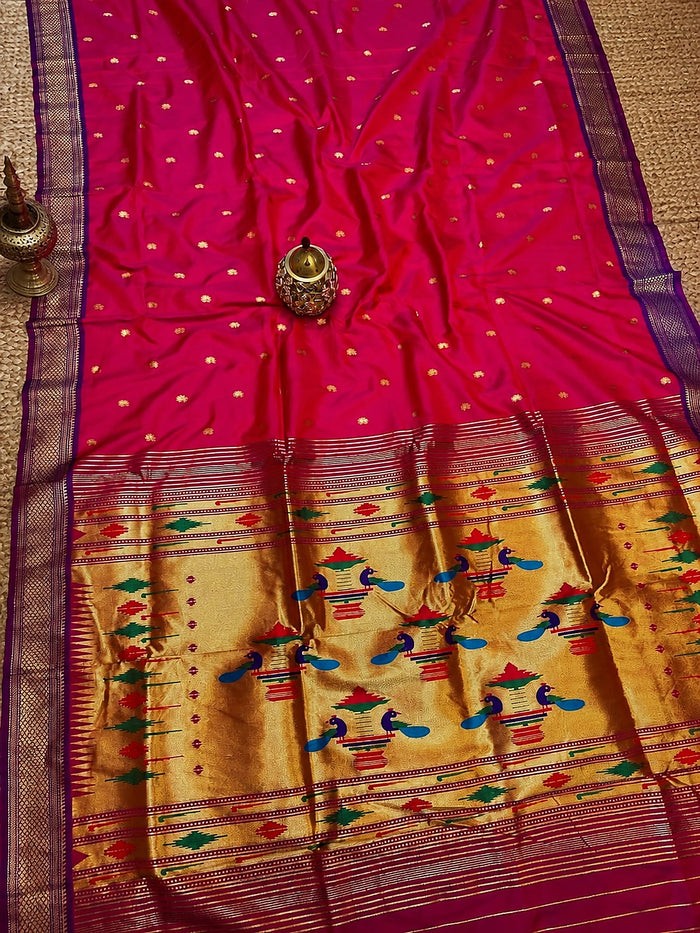 Indiehaat | Double Pallu Paithani Silk Saree Pink