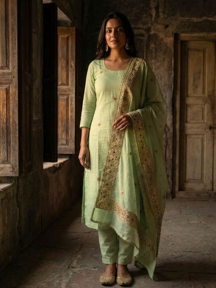 Indiehaat | Kota Doria Gota Patti Suit Green
