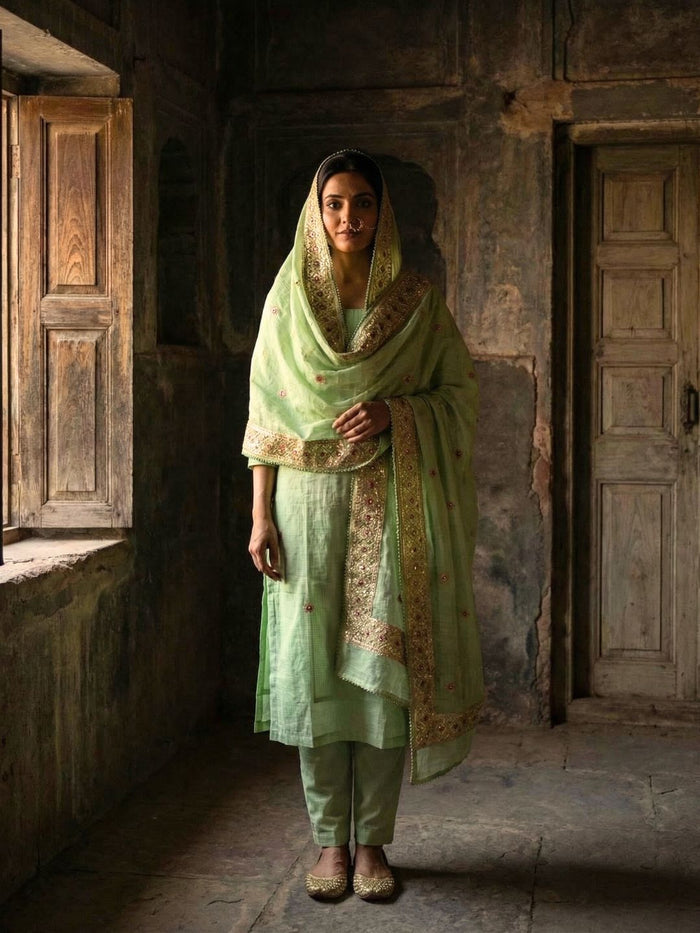 Indiehaat | Kota Doria Gota Patti Suit Green