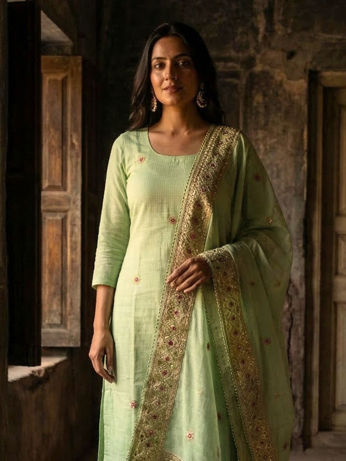 Indiehaat | Kota Doria Gota Patti Suit Green