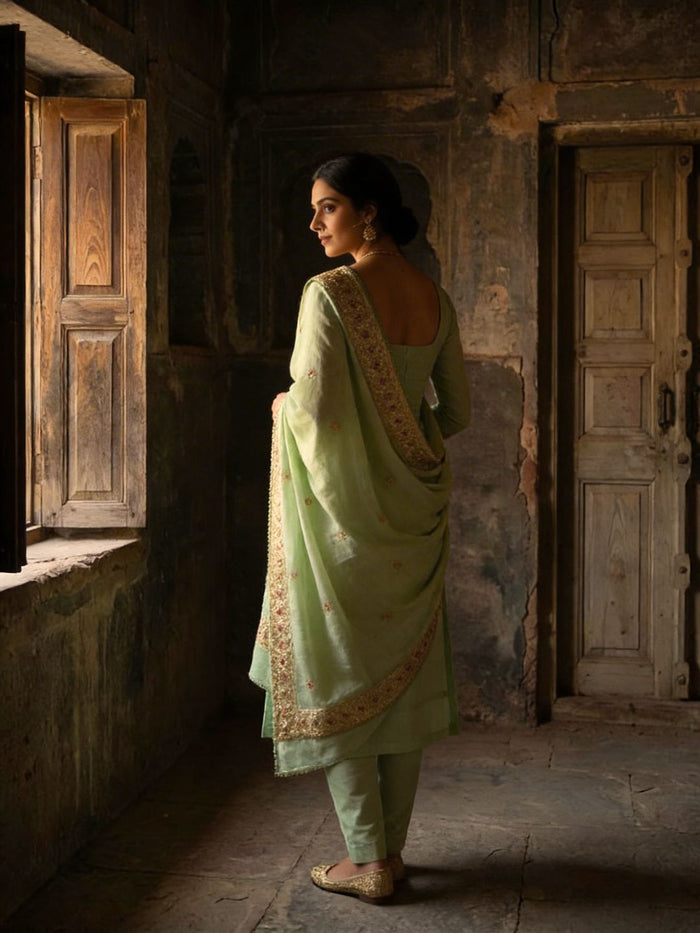 Indiehaat | Kota Doria Gota Patti Suit Green