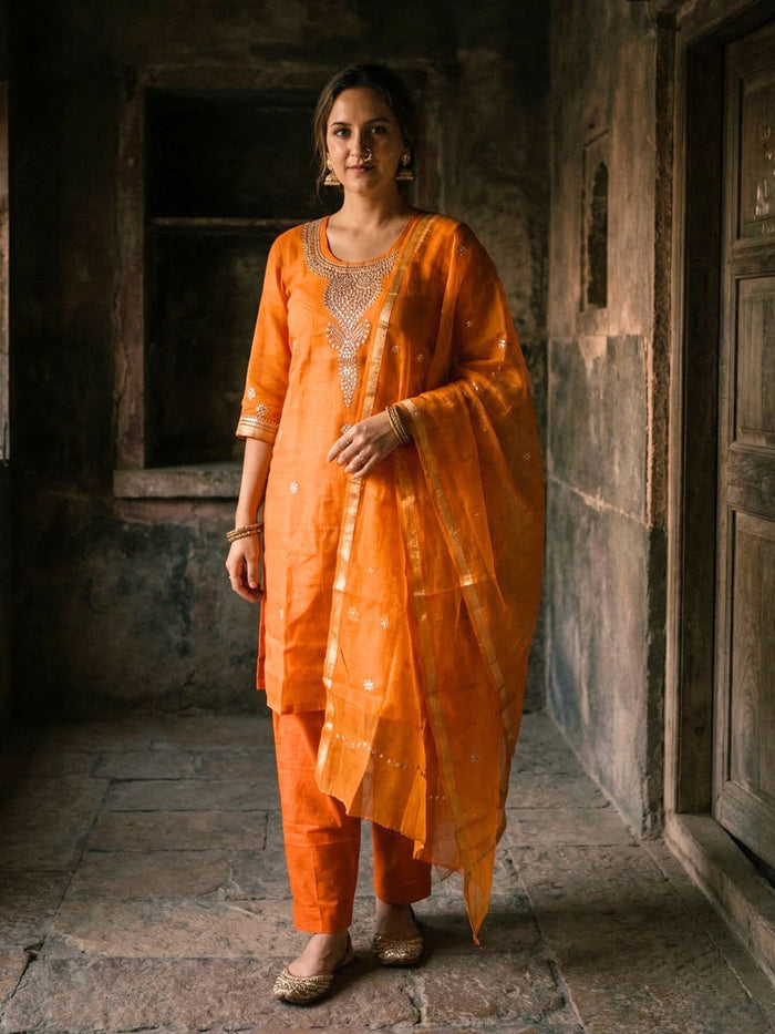 Indiehaat | Kota Doria Gota Patti Suit Orange