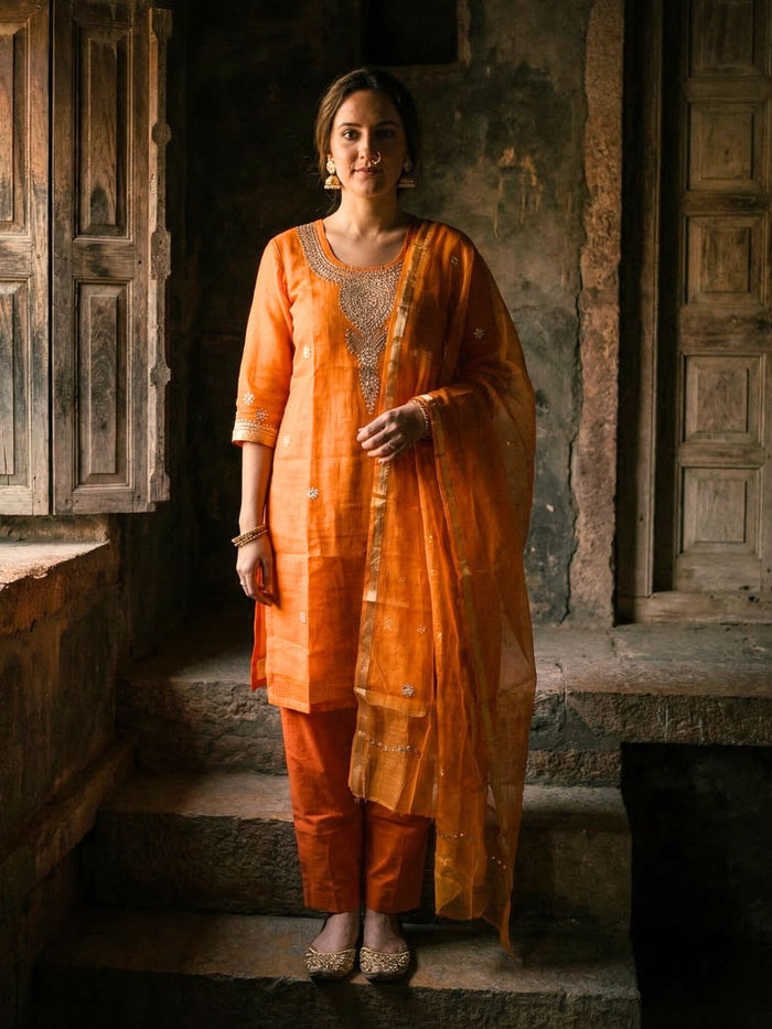 Indiehaat | Kota Doria Gota Patti Suit Orange