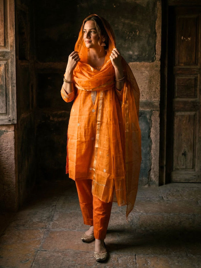 Indiehaat | Kota Doria Gota Patti Suit Orange