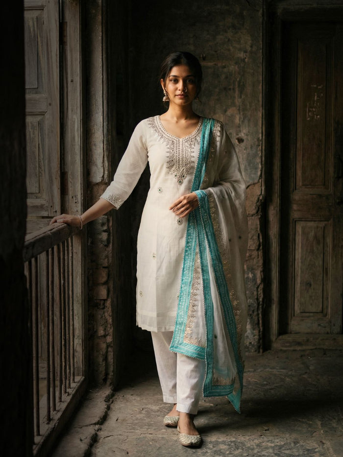 Indiehaat | Kota Doria Gota Patti Suit White