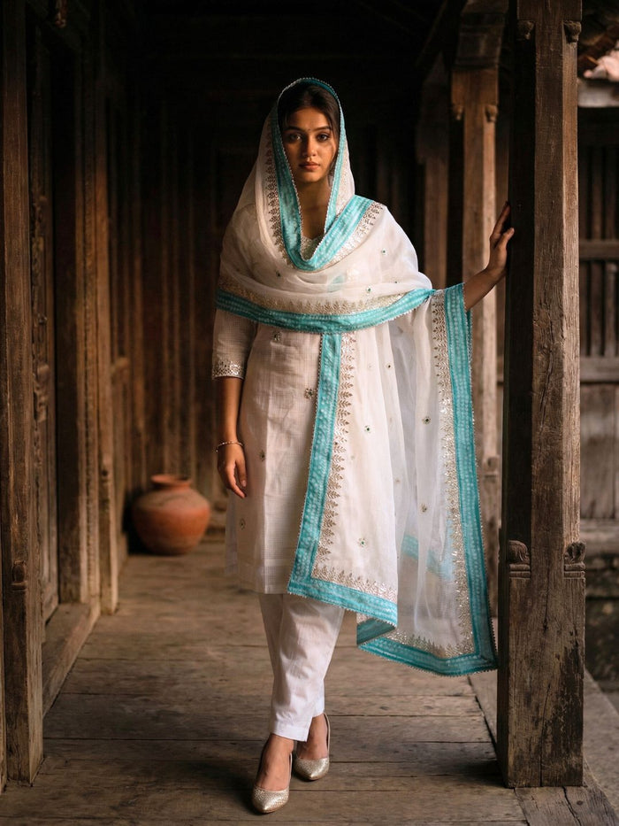 Indiehaat | Kota Doria Gota Patti Suit White