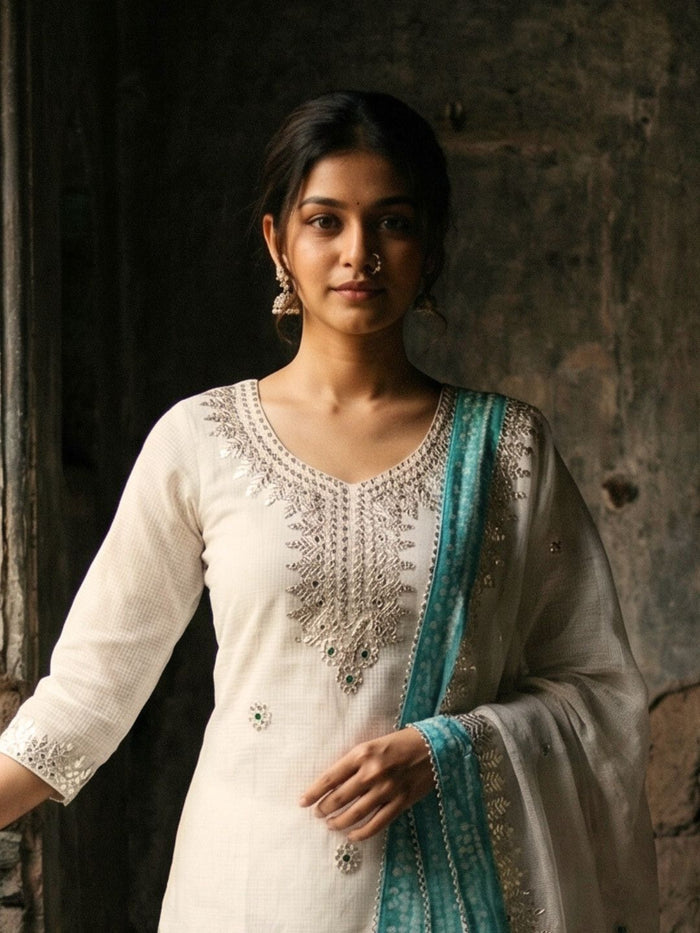 Indiehaat | Kota Doria Gota Patti Suit White