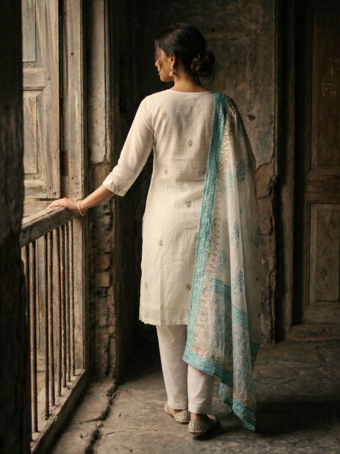 Indiehaat | Kota Doria Gota Patti Suit White