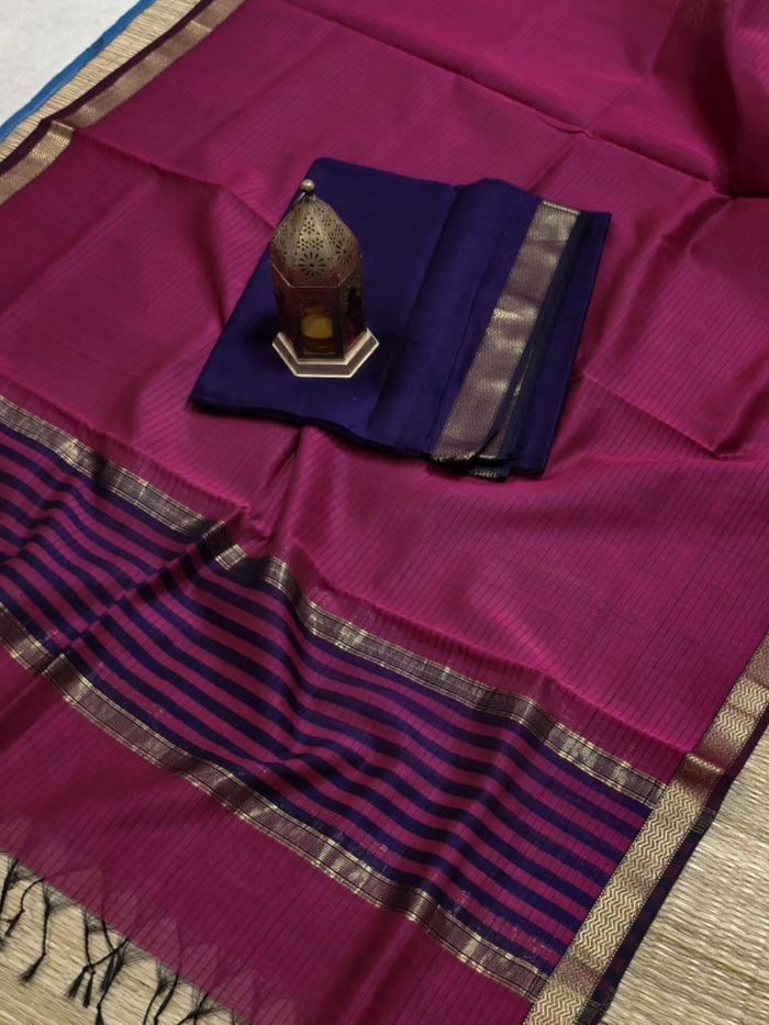 Indiehaat | Maheshwari Silk Zari Border Suit Blue & Pink