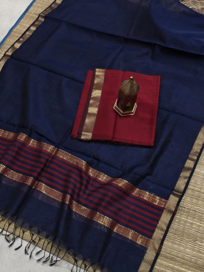 Indiehaat | Maheshwari Silk Zari Border Suit Red & Blue