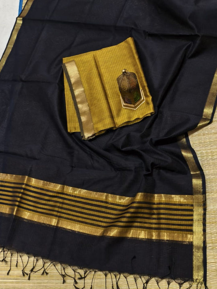 Indiehaat | Maheshwari Silk Zari Border Suit Yellow