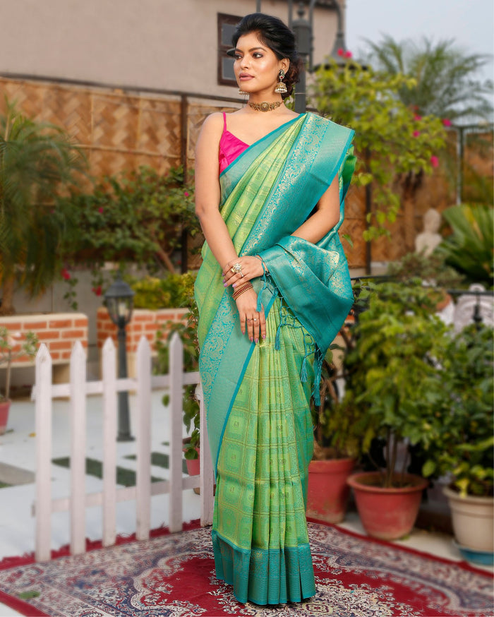 Kanjivaram Silk Saree Plae Green & Teal Blue Color with running blouse - IndieHaat