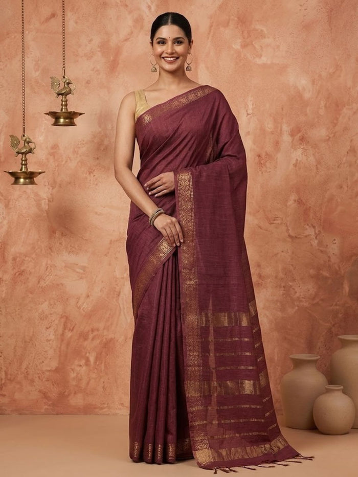 Indiehaat | Hand Dyed Kota Silk Zari Striped Saree Brown