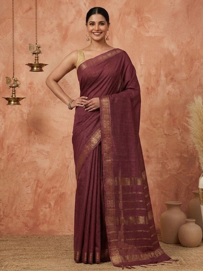 Indiehaat | Hand Dyed Kota Silk Zari Striped Saree Brown