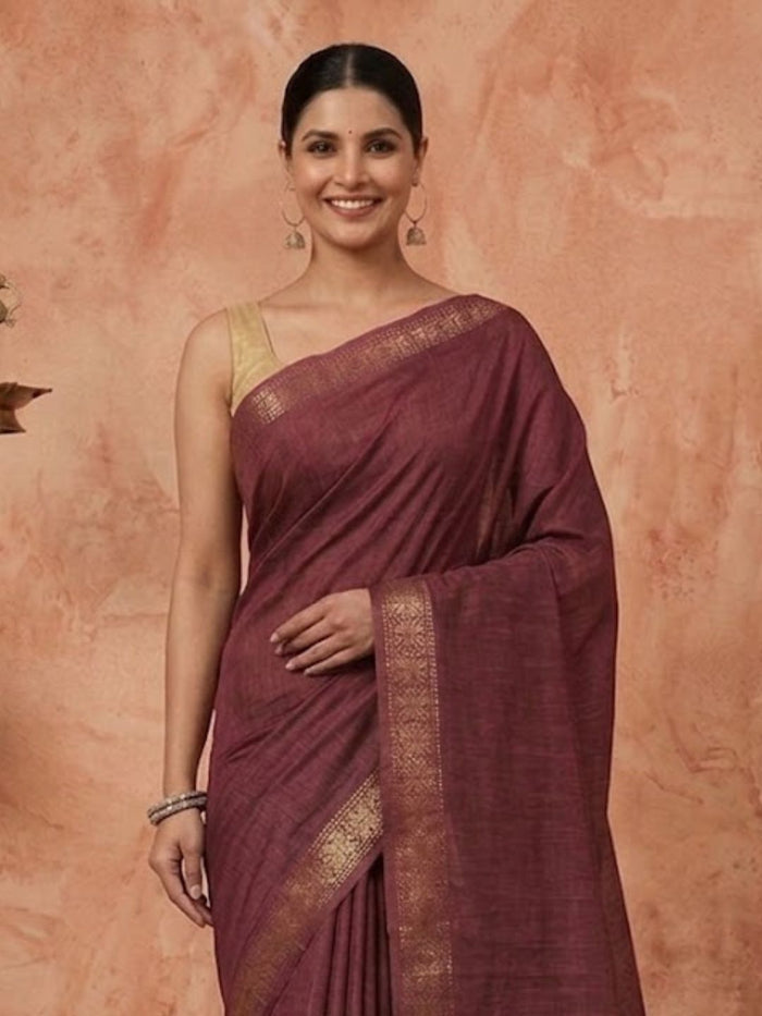 Indiehaat | Hand Dyed Kota Silk Zari Striped Saree Brown