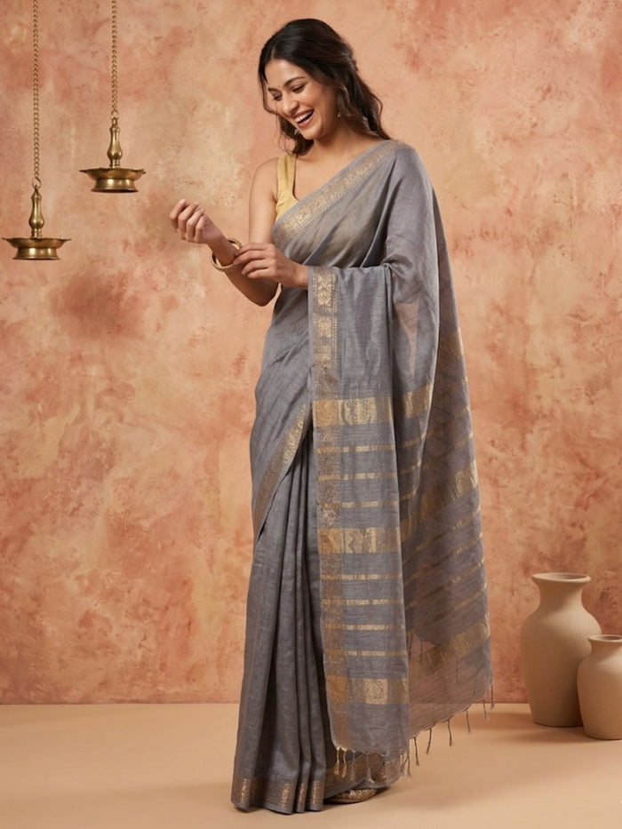 Indiehaat | Hand Dyed Kota Silk Zari Striped Saree Gray