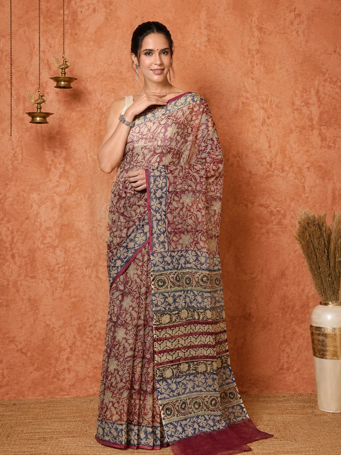 Indiehaat | Kota Doria Hand Block Print Multicolor Saree