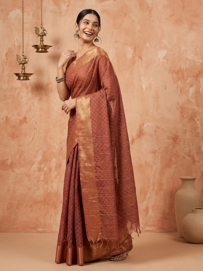 Indiehaat | Hand Dyed Dupion Silk Saree Brown