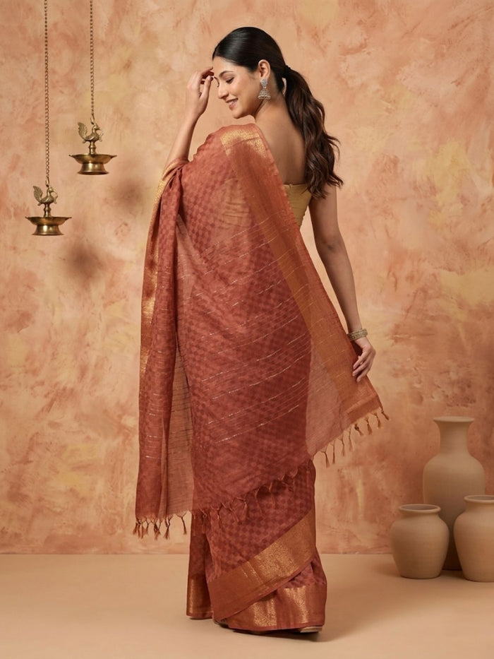 Indiehaat | Hand Dyed Dupion Silk Saree Brown