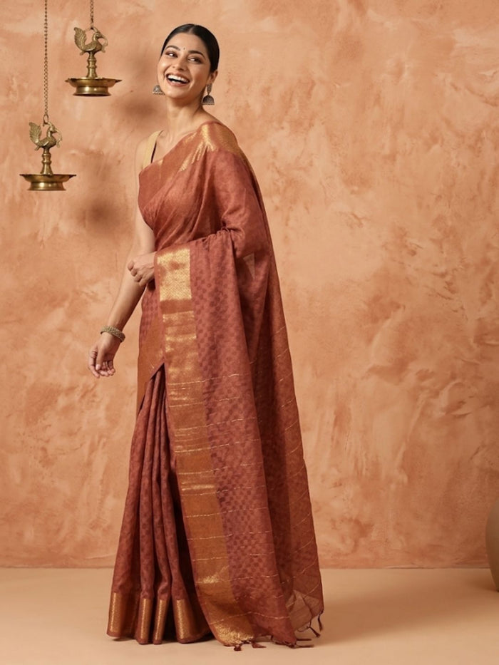 Indiehaat | Hand Dyed Dupion Silk Saree Brown