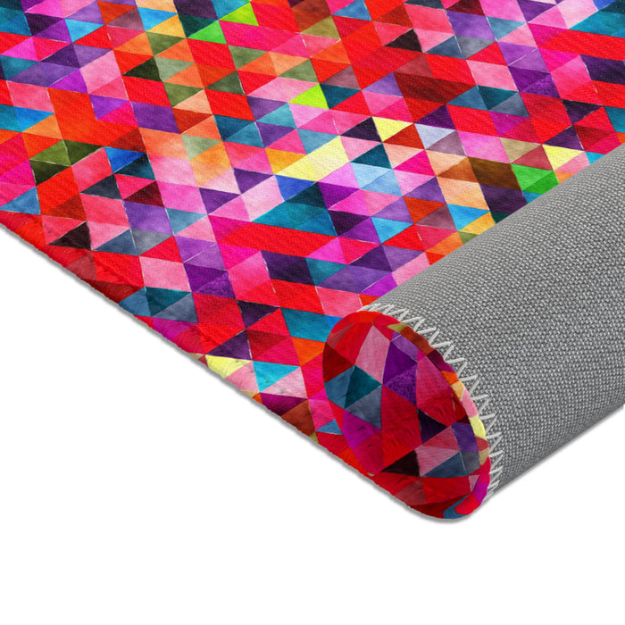 Red Geometric Pattern Area Rug Durable 3 Sizes Hemmed Edge Coated Back