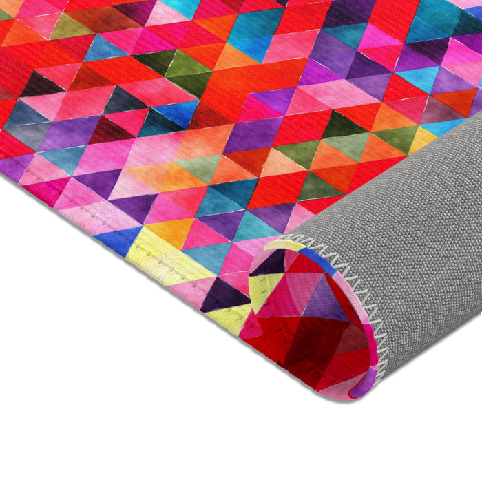 Red Geometric Pattern Area Rug Durable 3 Sizes Hemmed Edge Coated Back