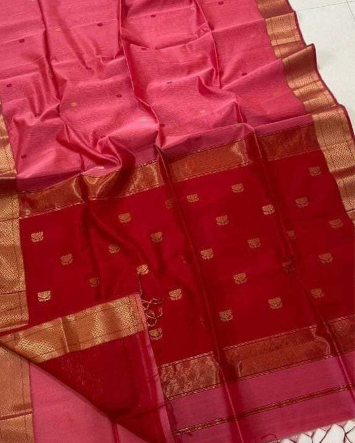 Handloom Maheshwari silk saree, red body with flower buti, pink pallu with lotus buti and a golden zari border