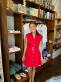 Red Solid Linen Belt Shirt Dress