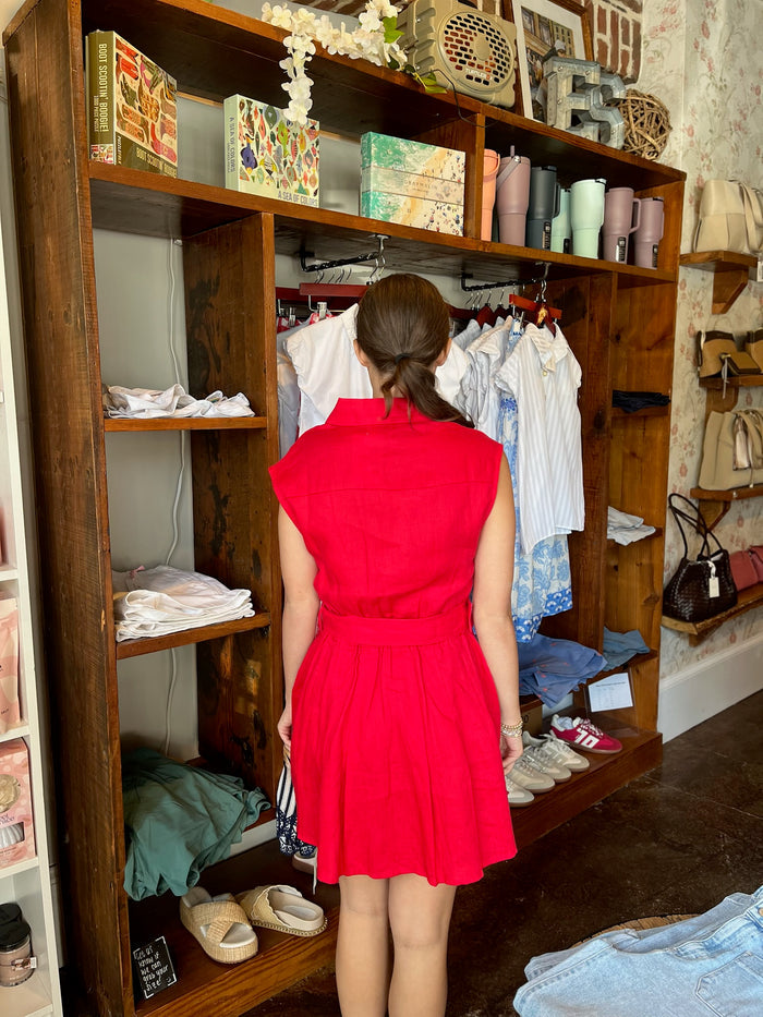 Red Solid Linen Belt Shirt Dress