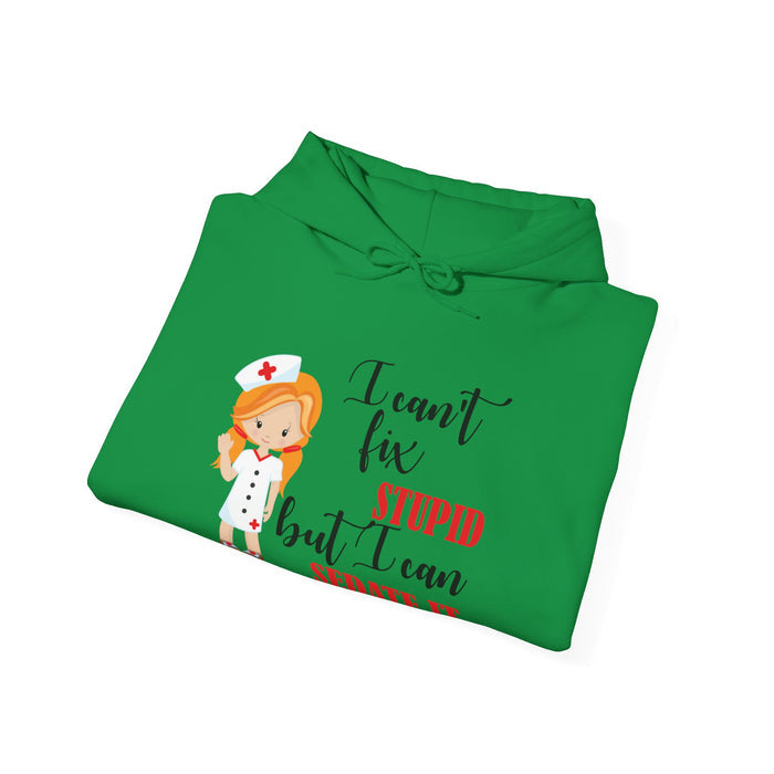 Redhead Nurse Hoodie Sweatshirt Can't Fix Stupid, Nurses Hooded Sweatshirt