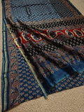 Indiehaat | Ajrakh Printed Chanderi Silk Saree Blue | Serenity in Silk