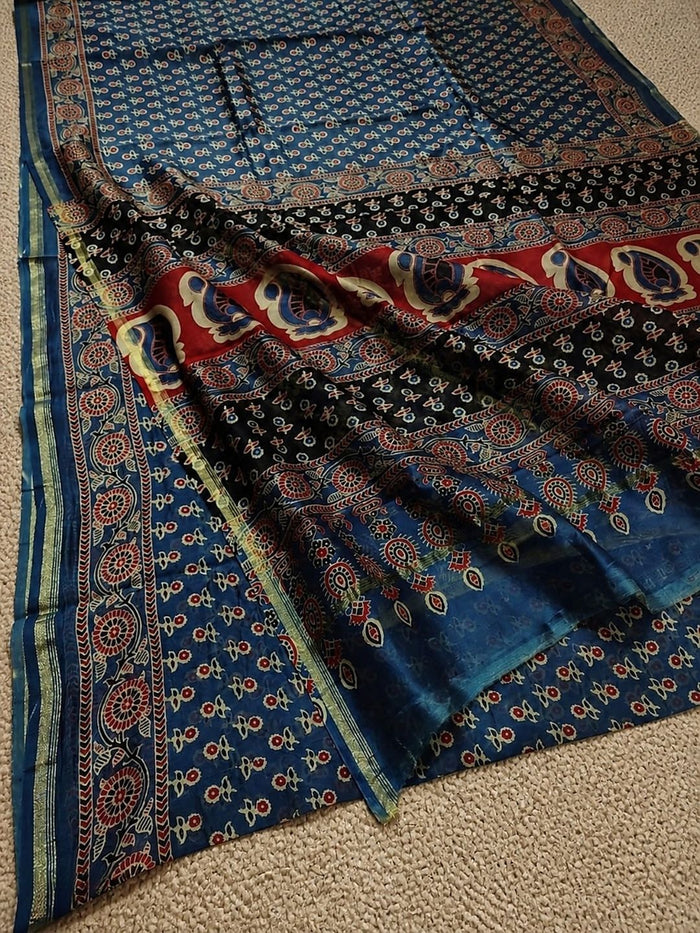 Indiehaat | Ajrakh Printed Chanderi Silk Saree Blue | Serenity in Silk