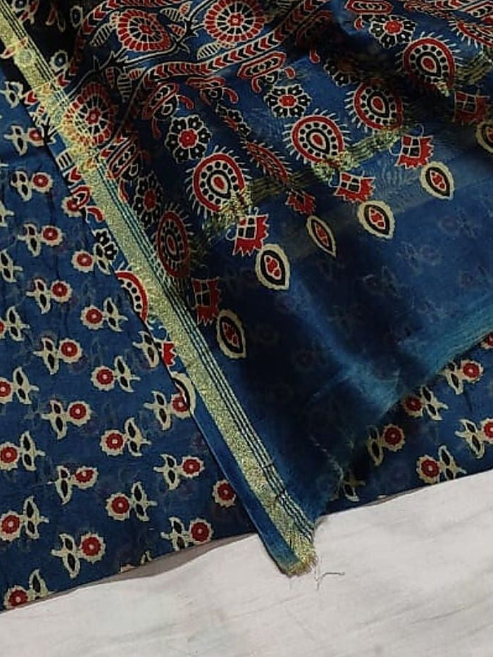 Indiehaat | Ajrakh Printed Chanderi Silk Saree Blue | Serenity in Silk
