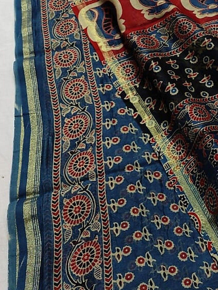 Indiehaat | Ajrakh Printed Chanderi Silk Saree Blue | Serenity in Silk