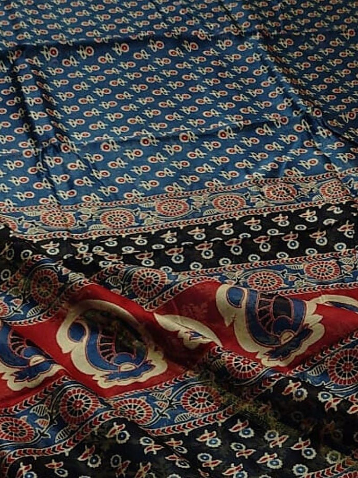 Indiehaat | Ajrakh Printed Chanderi Silk Saree Blue | Serenity in Silk