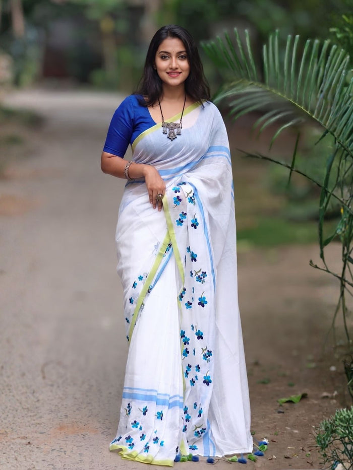 Indiehaat | Mul Cotton 120 Count Handpainted Saree White