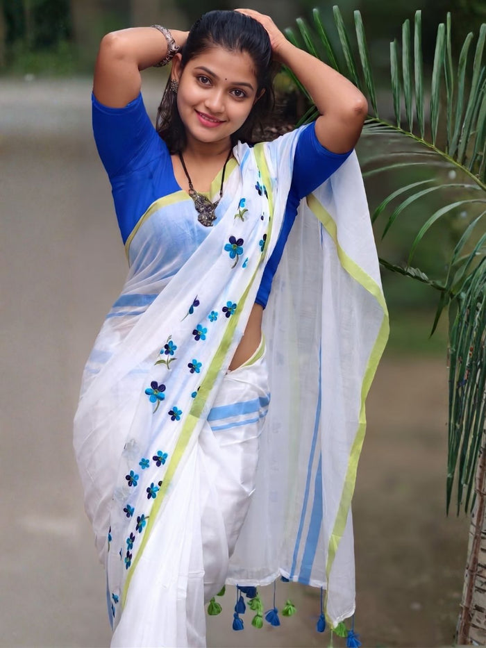 Indiehaat | Mul Cotton 120 Count Handpainted Saree White