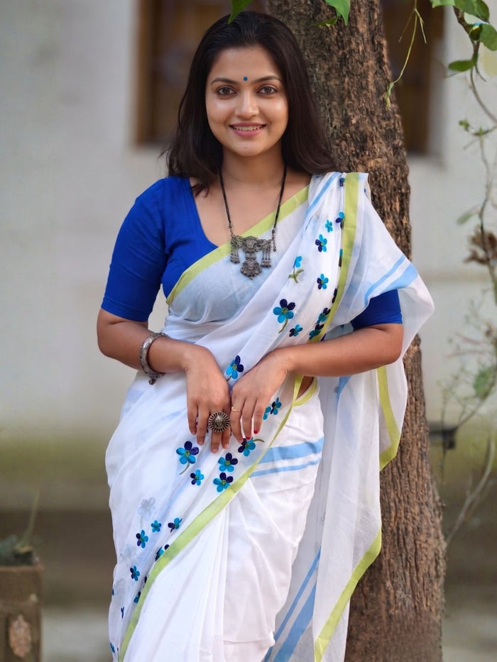 Indiehaat | Mul Cotton 120 Count Handpainted Saree White