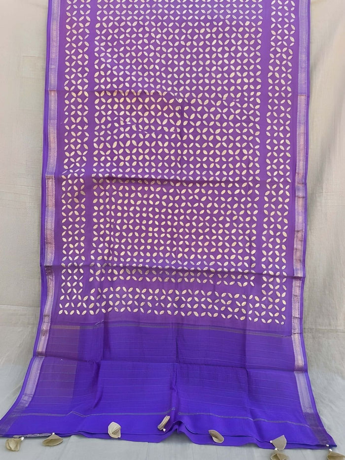 Indiehaat | Pure Chandei Silk Applique Saree Blue