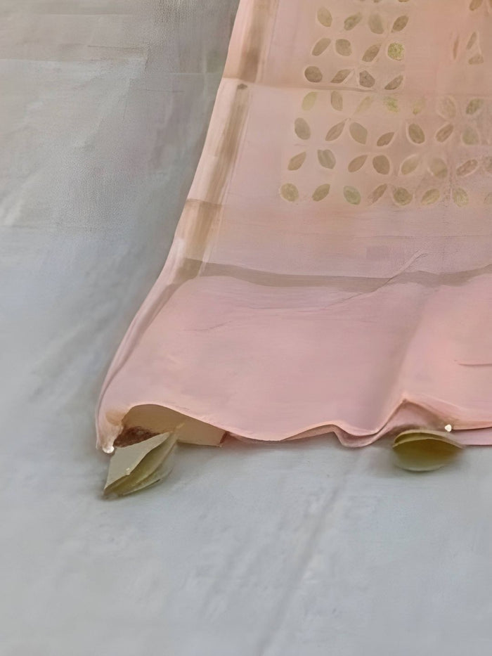 Indiehaat | Pure Chandei Silk Applique Saree Peach