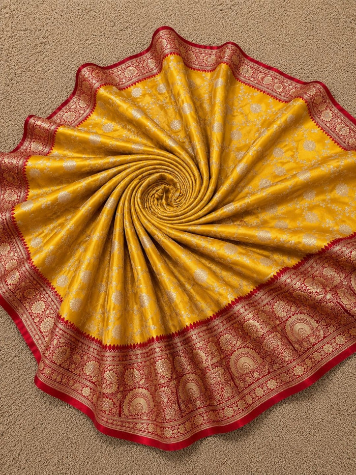 Indiehaat | Yellow Mashru Katan Silk Saree | Brocade