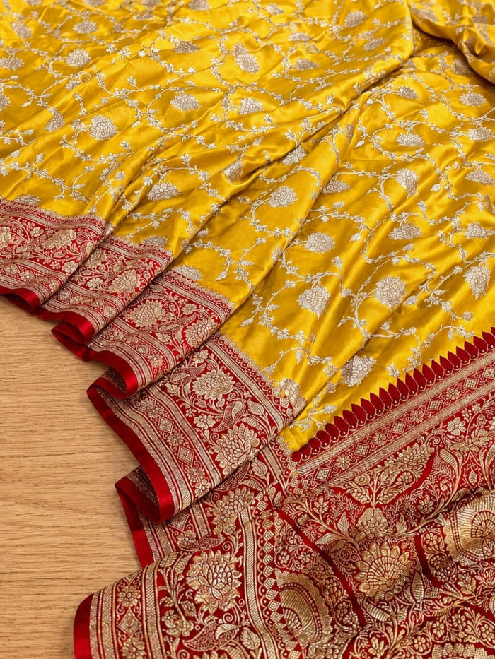 Indiehaat | Yellow Mashru Katan Silk Saree | Brocade