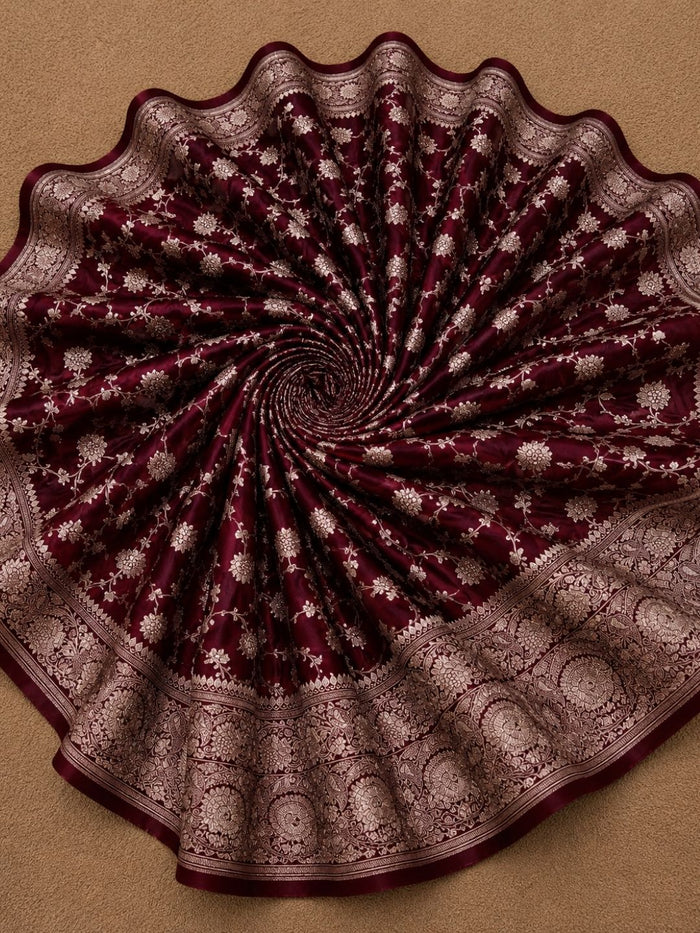 Indiehaat | Maroon Mashru Katan Silk Saree | Brocade