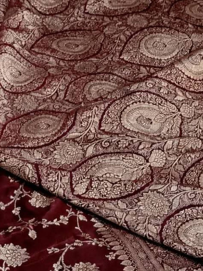 Indiehaat | Maroon Mashru Katan Silk Saree | Brocade