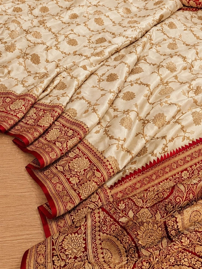 Indiehaat | White Mashru Katan Silk Saree | Brocade