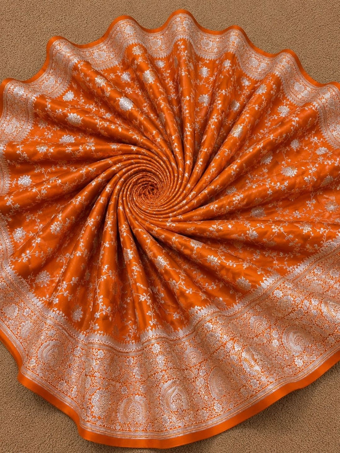Indiehaat | Orange Mashru Katan Silk Saree | Brocade