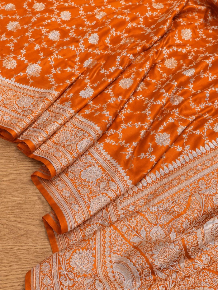 Indiehaat | Orange Mashru Katan Silk Saree | Brocade