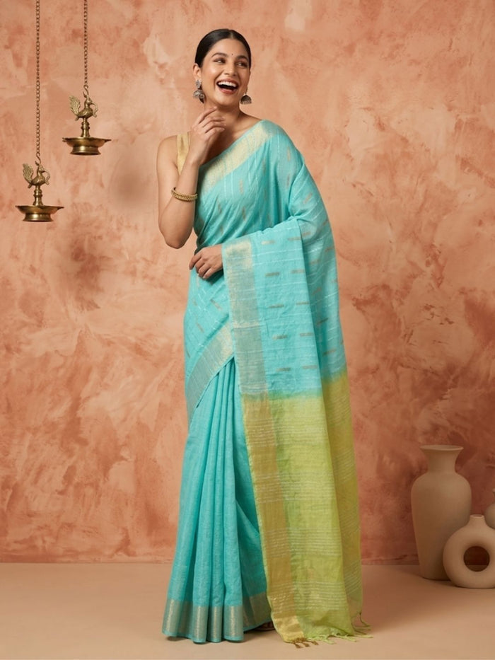 Indiehaat | Hand Dyed Kota Silk Dupion Stripe Saree Blue