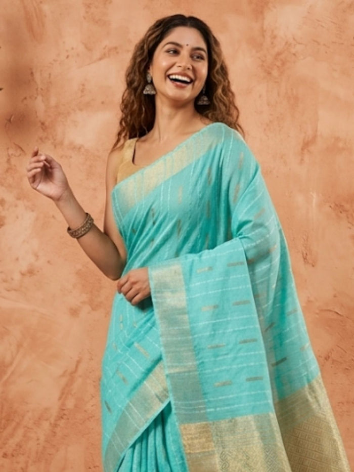 Indiehaat | Hand Dyed Kota Silk Dupion Stripe Saree Blue