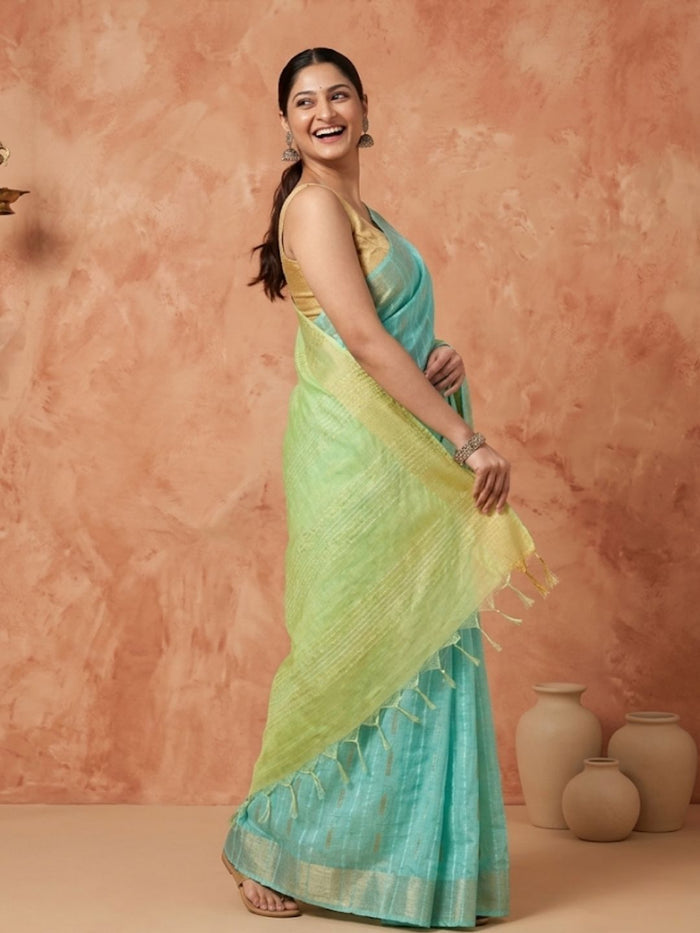 Indiehaat | Hand Dyed Kota Silk Dupion Stripe Saree Blue